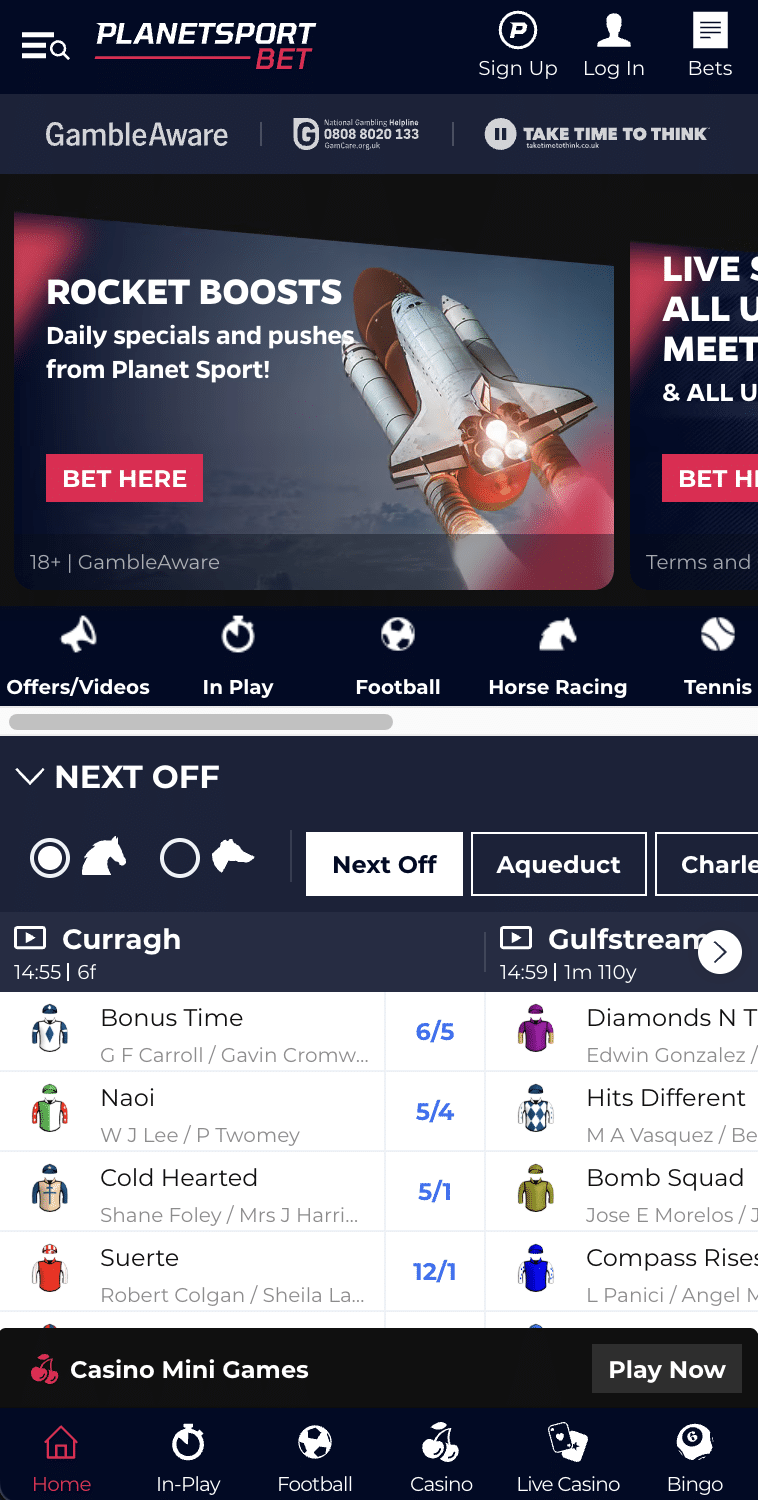 Planet Sport Bet home screen on desktop